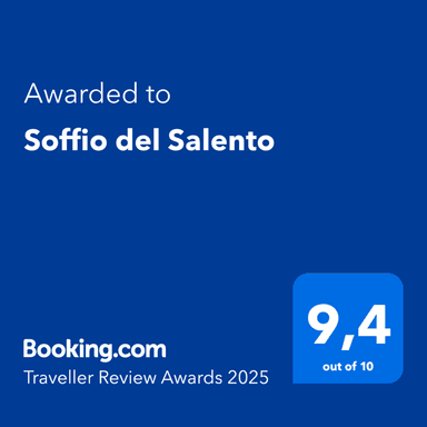 Booking.com Traveller Review Awards 2025 assegnato a Soffio Del Salento, voto 9,4 su 10
